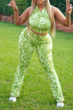 Green Sexy Print Patchwork V Neck Sleeveless Two Pieces