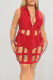 Red Sexy Solid Hollowed Out Patchwork Zipper Turndown Collar Plus Size Two Pieces