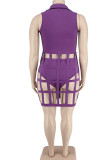 Purple Sexy Solid Hollowed Out Patchwork Zipper Turndown Collar Plus Size Two Pieces