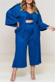 Blue Fashion Casual Solid Patchwork V Neck Plus Size Three-piece Set