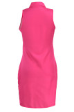 Rose Red Casual Solid Patchwork Buckle Fold Turndown Collar One Step Skirt Dresses