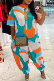 Orange Blue Fashion Casual Print Buttons Turtleneck Regular Jumpsuits