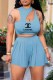 Sky Blue Fashion Sweet Print Letter O Neck Sleeveless Two Pieces