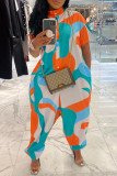 Orange Blue Fashion Casual Print Buttons Turtleneck Regular Jumpsuits
