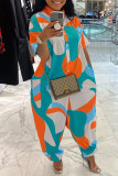Orange Blue Fashion Casual Print Buttons Turtleneck Regular Jumpsuits