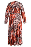 Orange Casual Print Leopard Frenulum V Neck Straight Plus Size Dresses