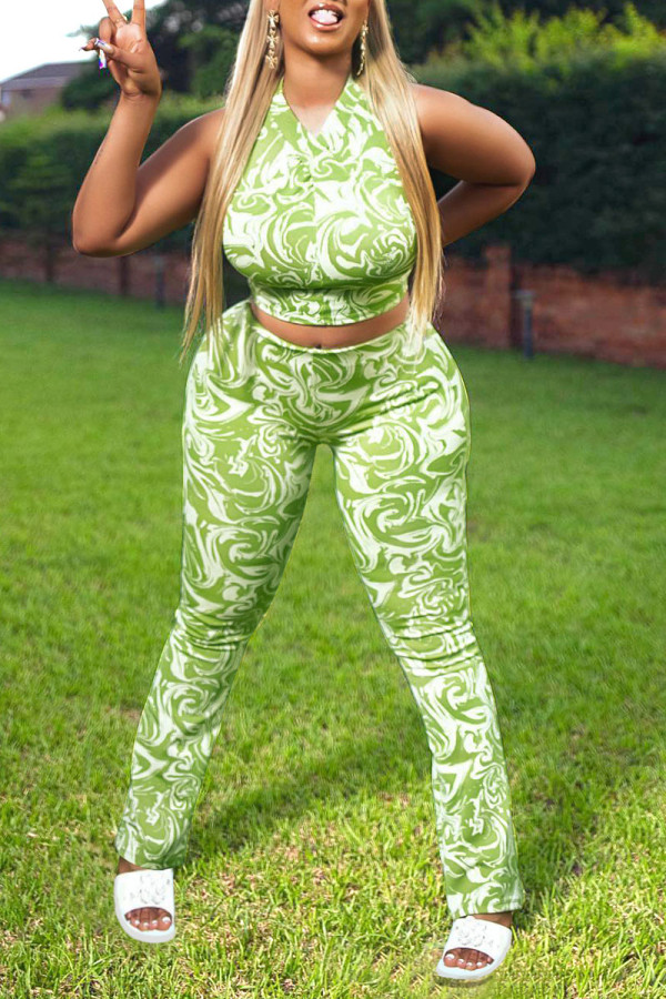 Green Sexy Print Patchwork V Neck Sleeveless Two Pieces