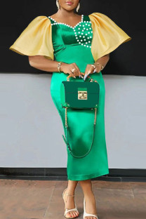 Green Fashion Casual Patchwork Slit Beading Square Collar Short Sleeve Dress Dresses