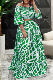 Green Fashion Casual Print Patchwork O Neck Plus Size Two Pieces