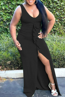 Black Sexy Solid Slit Fold Stringy Selvedge U Neck Asymmetrical Dresses