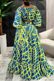 Blue Yellow Fashion Casual Print Patchwork O Neck Plus Size Two Pieces