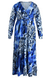 Colorful Blue Casual Print Leopard Frenulum V Neck Straight Plus Size Dresses