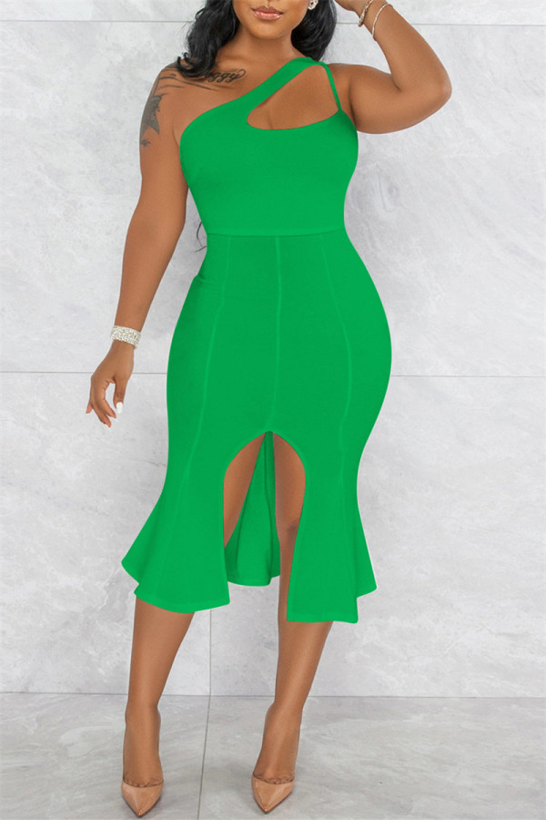 Green Fashion Sexy Solid Hollowed Out Backless Slit One Shoulder Evening Dress