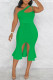 Green Fashion Sexy Solid Hollowed Out Backless Slit One Shoulder Evening Dress