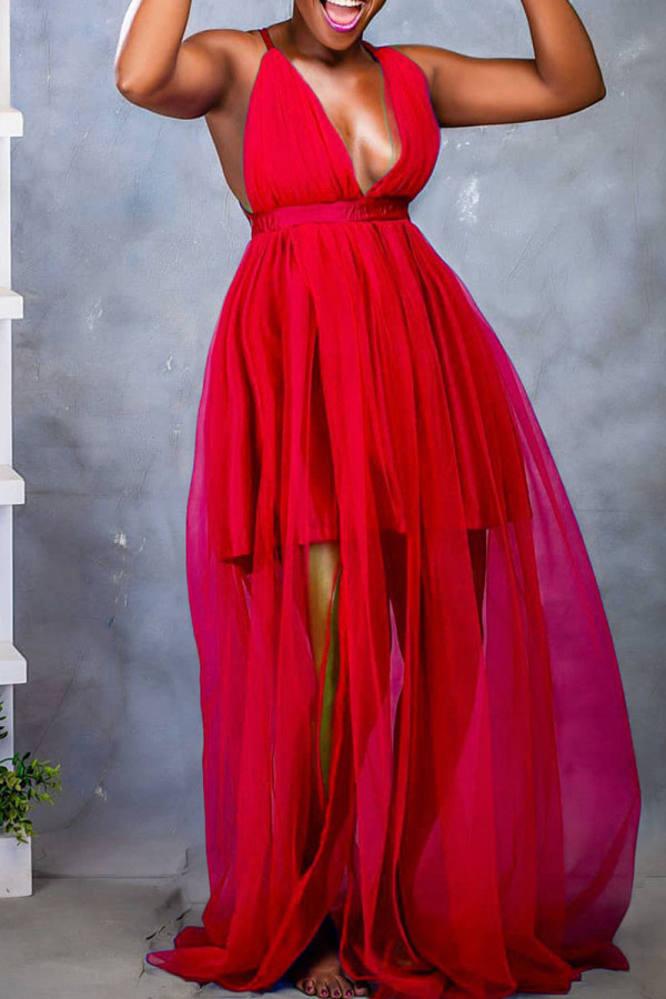 Red Fashion Sexy Solid Patchwork Backless V Neck Sling Dress