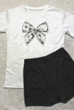 Black And White Fashion Print Patchwork O Neck Short Sleeve Two Pieces
