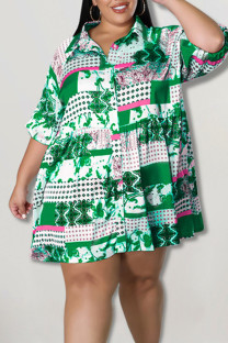 Green Casual Print Patchwork Buckle Turndown Collar A Line Plus Size Dresses