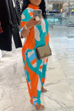 Orange Blue Fashion Casual Print Buttons Turtleneck Regular Jumpsuits