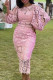 Pink Fashion Casual Solid Patchwork See-through O Neck Long Sleeve Dresses