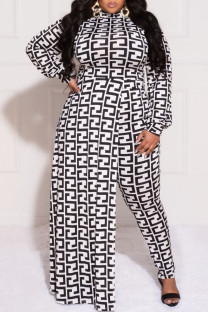 Black White Fashion Casual Print Patchwork Asymmetrical Half A Turtleneck Plus Size Jumpsuits