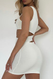 White Fashion Sexy Solid Hollowed Out Backless One Shoulder Sleeveless Dress Dresses