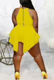 Yellow Sexy Print Patchwork O Neck Plus Size Jumpsuits