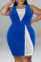 Blue Casual Solid Patchwork Hot Drill O Neck Vest Dress Plus Size Dresses
