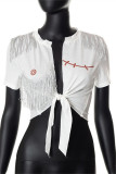 White Fashion Casual Print Tassel Bandage Patchwork T-Shirts