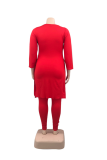 Red Casual Solid Patchwork Half A Turtleneck Plus Size Two Pieces