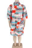 Red Casual Print Patchwork Buckle Turndown Collar A Line Plus Size Dresses