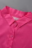 Rose Red Casual Solid Patchwork Buckle Fold Turndown Collar One Step Skirt Dresses