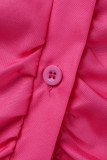 Rose Red Casual Solid Patchwork Buckle Fold Turndown Collar One Step Skirt Dresses