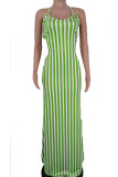 Green Sexy Striped Print Bandage Patchwork Backless Spaghetti Strap One Step Skirt Dresses