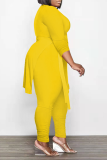 Yellow Casual Solid Patchwork Half A Turtleneck Plus Size Two Pieces