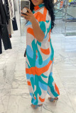Orange Blue Fashion Casual Print Buttons Turtleneck Regular Jumpsuits