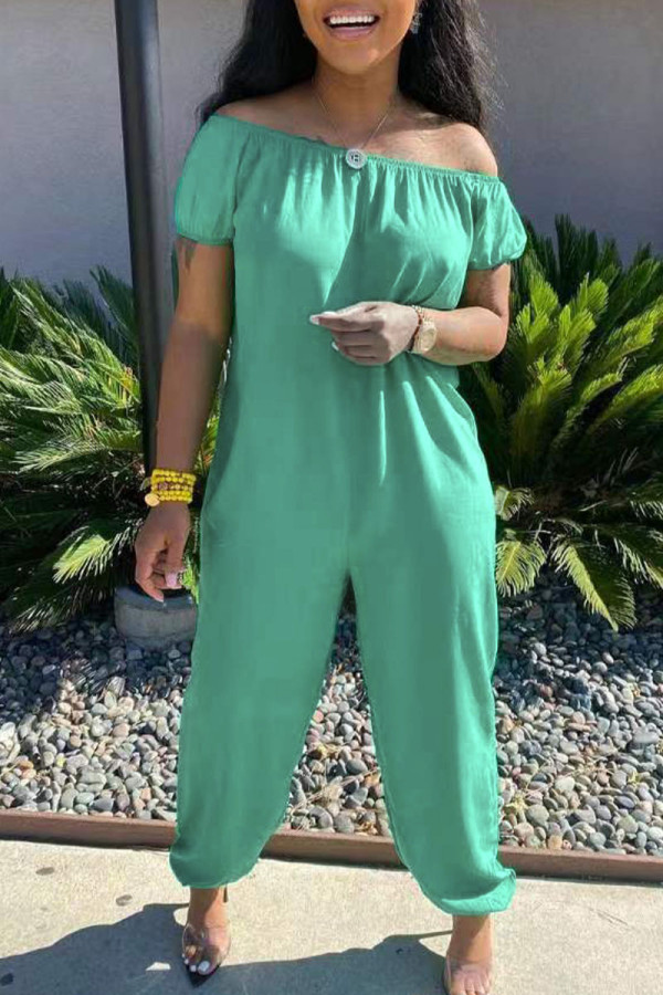 Green Casual Solid Patchwork Off the Shoulder Loose Jumpsuits