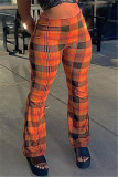 Orange Fashion Casual Plaid Print Basic Skinny High Waist Trousers