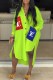 Fluorescent Green Fashion Street Print Patchwork Letter Turndown Collar Shirt Dress Dresses