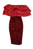 Red Elegant Solid Sequins Patchwork Flounce Off the Shoulder Evening Dress Dresses