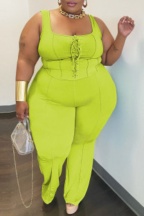 Green Yellow Sexy Casual Solid Backless U Neck Plus Size Two Pieces