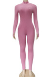 Pink Fashion Casual Adult Solid Letter O Neck Skinny Jumpsuits