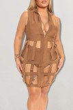 Coffee Sexy Solid Hollowed Out Patchwork Zipper Turndown Collar Plus Size Two Pieces
