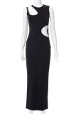 Black Fashion Sexy Patchwork Solid Hollowed Out O Neck Sleeveless Dress