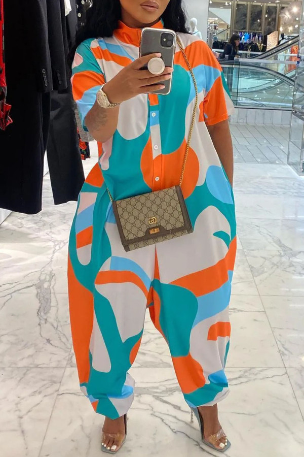 Orange Blue Fashion Casual Print Buttons Turtleneck Regular Jumpsuits