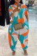 Orange Blue Fashion Casual Print Buttons Turtleneck Regular Jumpsuits
