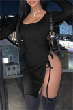 Light Blue Fashion Casual Solid Bandage Slit O Neck Long Sleeve Dresses
