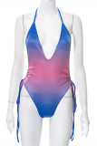 Blue Fashion Sexy Gradual Change Print Bandage Backless Swimwears (Without Paddings)