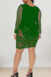 Green Sexy Solid Embroidered Sequins Patchwork U Neck Dresses
