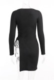 Light Blue Fashion Casual Solid Bandage Slit O Neck Long Sleeve Dresses