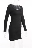 Light Blue Fashion Casual Solid Bandage Slit O Neck Long Sleeve Dresses